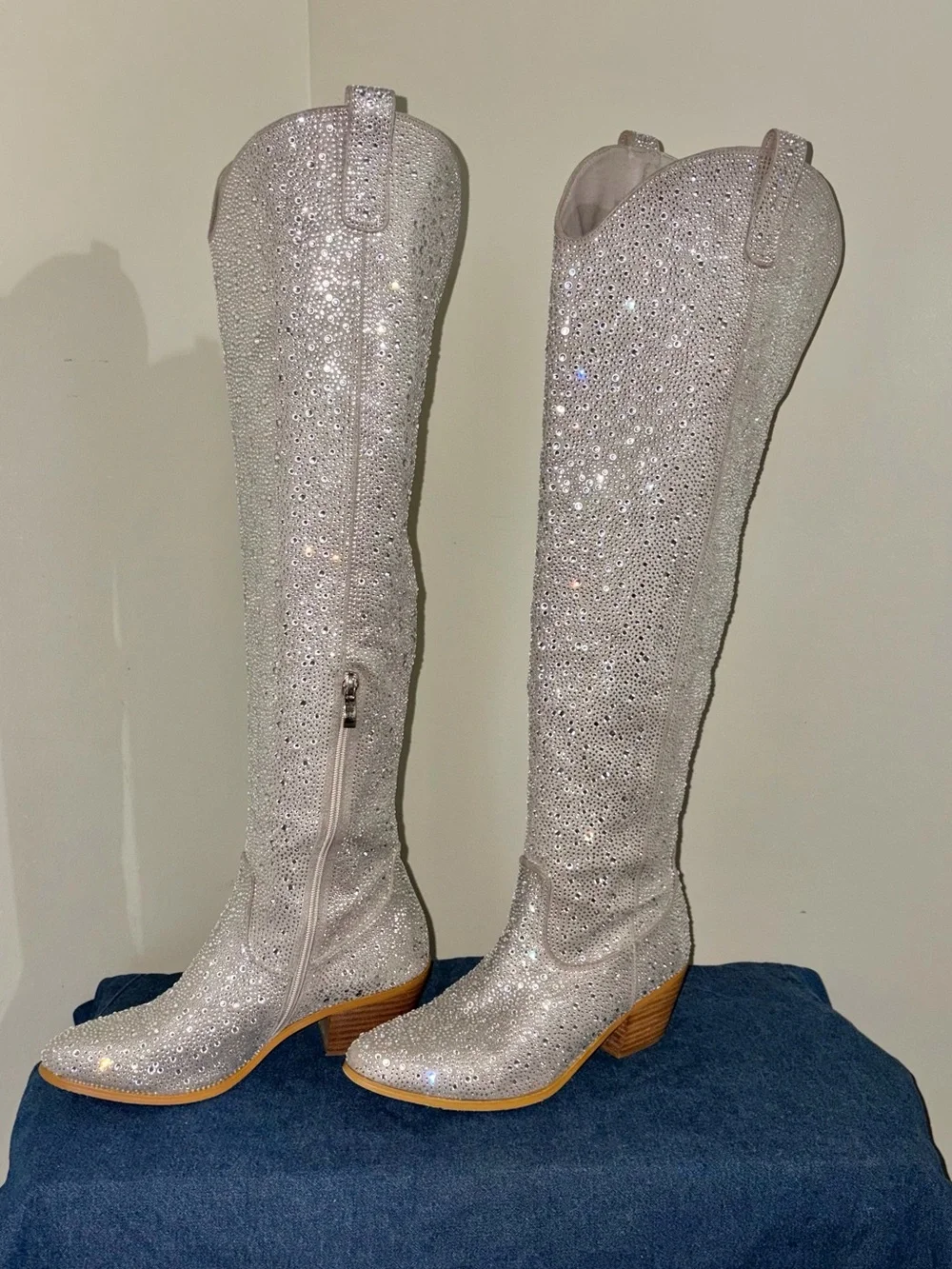 Silver Rhinestone Over-the-Knee Cowboy Boots Sparkly Western Tall Boots Size 8